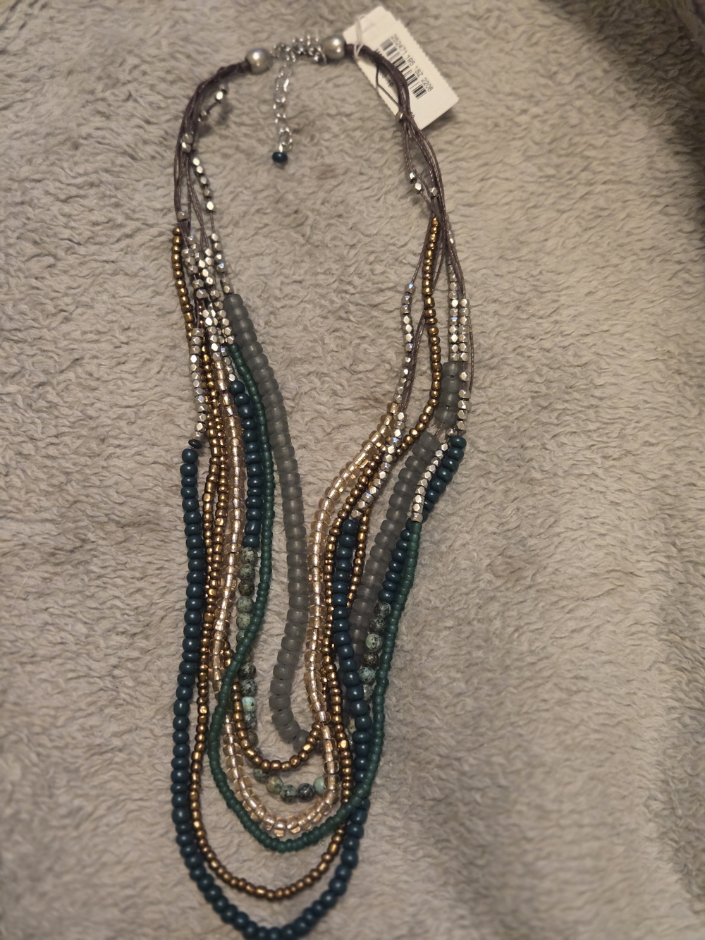 J. Jill Teal, Gold and Gray Multi-Strand Beaded Necklace with Blue-Green Accents